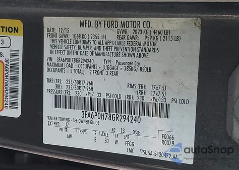 2016 Ford Fusion Se из США, поврежденный, VIN 3FA6P0H78GR294240